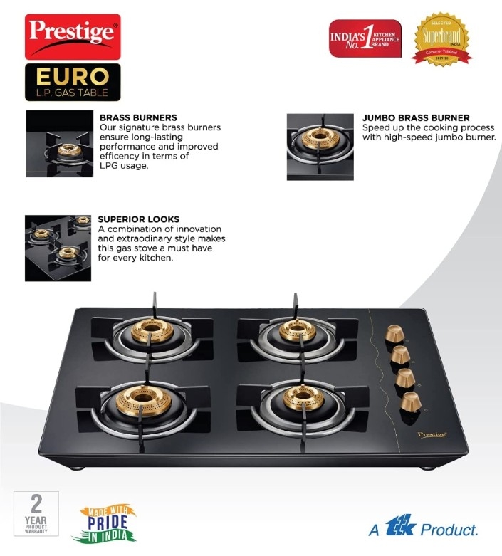 Euro 4B Glass Top 4 Brass Burners Cooktop (Black)