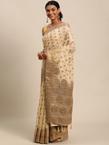 Leeza Store Banarasi Cotton Blend Golden Zari Butta/Butti Floral Pattern Border Saree With Blouse Piece - Beige