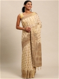 Leeza Store Banarasi Cotton Blend Golden Zari Butta/Butti Floral Pattern Border Saree With Blouse Piece - Beige