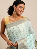 Leeza Store Banarasi Cotton Blend Zari Butta/Butti Floral Pattern Border Saree With Blouse Piece - Aqua Blue