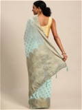 Leeza Store Banarasi Cotton Blend Zari Butta/Butti Floral Pattern Border Saree With Blouse Piece - Aqua Blue