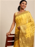 Leeza Store Banarasi Cotton Blend Zari Butta/Butti Floral Pattern Border Saree With Blouse Piece - Yellow