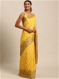 Leeza Store Banarasi Cotton Blend Zari Butta/Butti Floral Pattern Border Saree With Blouse Piece - Yellow