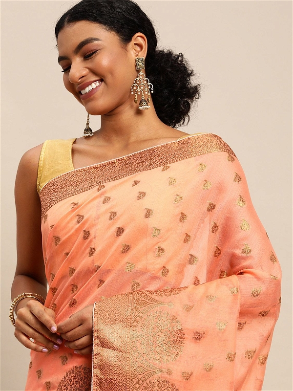 Leeza Store Banarasi Cotton Blend Zari Butta/Butti Floral Pattern Border Saree With Blouse Piece - Coral Orange
