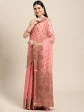 Leeza Store Banarasi Cotton Blend Zari Butta/Butti Floral Pattern Border Saree With Blouse Piece - Peach Pink