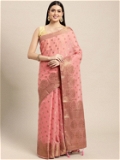 Leeza Store Banarasi Cotton Blend Zari Butta/Butti Floral Pattern Border Saree With Blouse Piece - Peach Pink