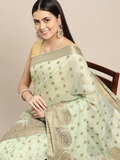 Leeza Store Banarasi Cotton Blend Zari Butta/Butti Floral Pattern Border Saree With Blouse Piece - Sea Green