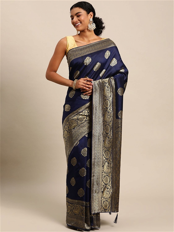 Leeza Store Banarasi Silk Blend Woven Golden Zari Butta Saree With Blouse Piece - Navy Blue