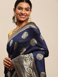 Leeza Store Banarasi Silk Blend Woven Golden Zari Butta Saree With Blouse Piece - Navy Blue