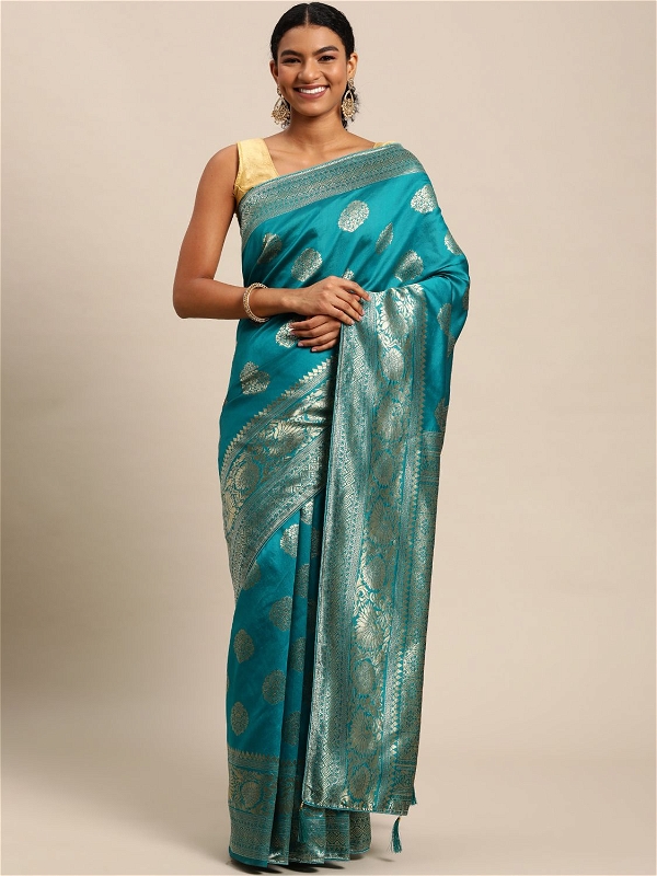 Leeza Store Banarasi Silk Blend Woven Golden Zari Butta Saree With Blouse Piece - Rama Green