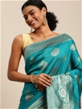 Leeza Store Banarasi Silk Blend Woven Golden Zari Butta Saree With Blouse Piece - Rama Green