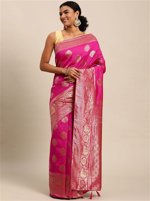 Leeza Store Banarasi Silk Blend Woven Golden Zari Butta Saree With Blouse Piece - Rani Pink