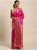 Leeza Store Banarasi Silk Blend Woven Golden Zari Butta Saree With Blouse Piece - Rani Pink