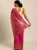 Leeza Store Banarasi Silk Blend Woven Golden Zari Butta Saree With Blouse Piece - Rani Pink