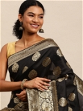 Leeza Store Banarasi Silk Blend Woven Golden Zari Butta Saree With Blouse Piece - Black
