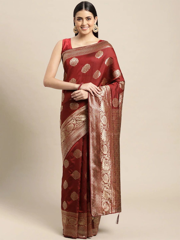 Leeza Store Banarasi Silk Blend Woven Golden Zari Butta Saree With Blouse Piece - Maroon