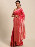Leeza Store Banarasi Silk Blend Woven Golden Zari Butta Saree With Blouse Piece - Pink