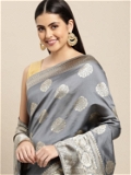 Leeza Store Banarasi Silk Blend Woven Golden Zari Butta Saree With Blouse Piece - Grey