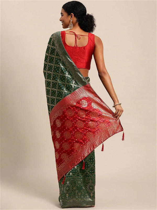 Leeza Store Cotton Blend Banarasi Bandhani Fusion Style Woven Saree with Blouse Piece - Bottle Green
