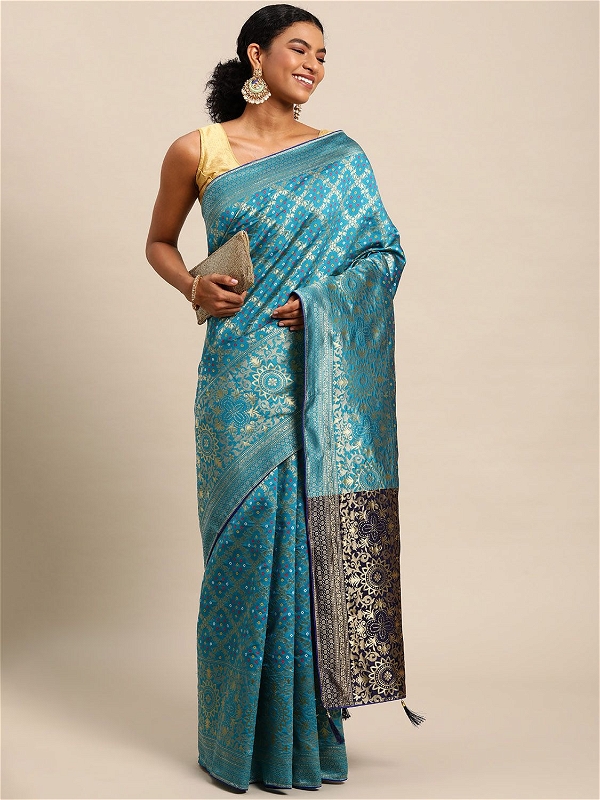 Leeza Store Cotton Blend Banarasi Bandhani Fusion Style Woven Saree with Blouse Piece - Firozi
