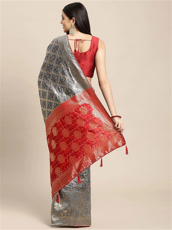 Leeza Store Cotton Blend Banarasi Bandhani Fusion Style Woven Saree with Blouse Piece - Grey