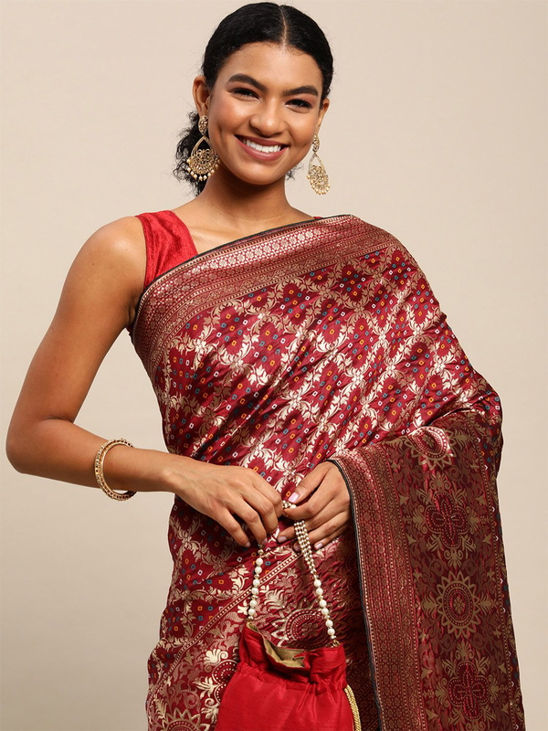 Leeza Store Cotton Blend Banarasi Bandhani Fusion Style Woven Saree with Blouse Piece - Maroon