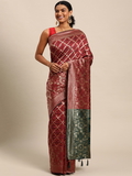 Leeza Store Cotton Blend Banarasi Bandhani Fusion Style Woven Saree with Blouse Piece - Maroon
