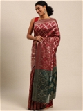 Leeza Store Cotton Blend Banarasi Bandhani Fusion Style Woven Saree with Blouse Piece - Maroon