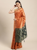 Leeza Store Cotton Blend Banarasi Bandhani Fusion Style Woven Saree with Blouse Piece - Orange