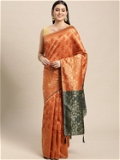 Leeza Store Cotton Blend Banarasi Bandhani Fusion Style Woven Saree with Blouse Piece - Orange