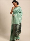 Leeza Store Cotton Blend Banarasi Bandhani Fusion Style Woven Saree with Blouse Piece - Pista Green