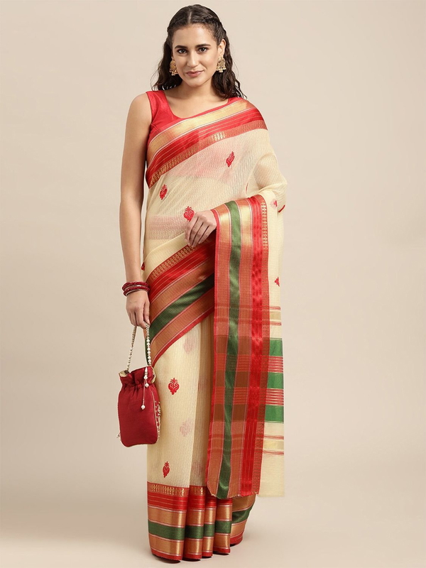 Leeza Store Cotton Blend Embroidered Ethnic motifs Golden Zari Border Kota Doria Saree With Blouse Piece - White