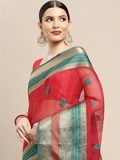 Leeza Store Cotton Blend Embroidered Ethnic motifs Golden Zari Border Kota Doria Saree With Blouse Piece - Red