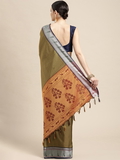 Leeza Store Cotton Blend Golden Zari Ethnic Motifs & Silver Zari Border Saree With Blouse Piece - Bottle Green
