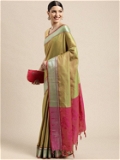 Leeza Store Cotton Blend Golden Zari Ethnic Motifs & Silver Zari Border Saree With Blouse Piece - Lime Green