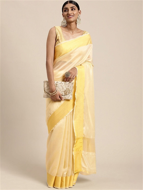 Leeza Store Cotton Blend Solid Plain Golden Zari Border Kerala Kasavu Saree With Blouse Piece - Beige