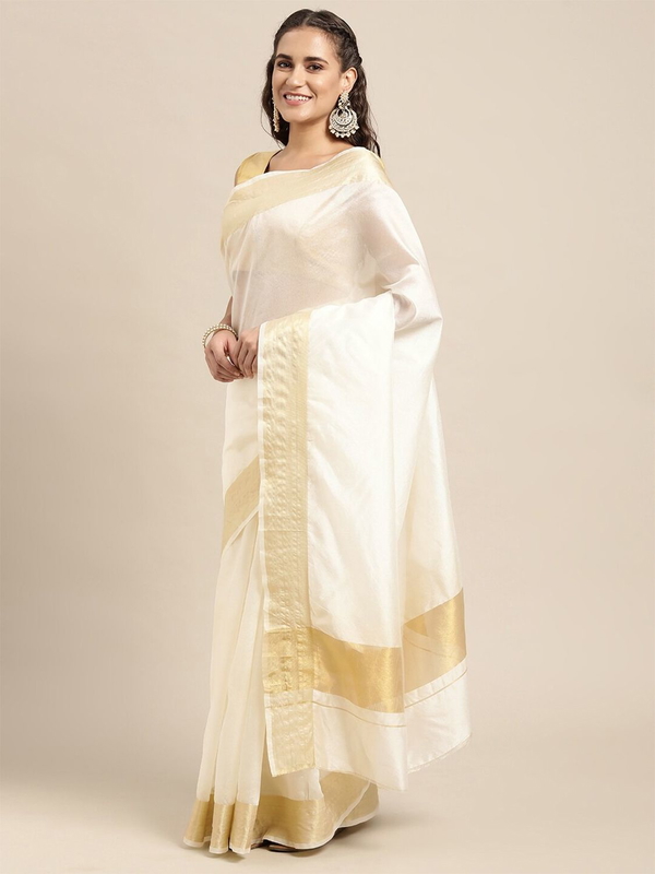 Leeza Store Cotton Blend Solid Plain Golden Zari Border Kerala Kasavu Saree With Blouse Piece - White