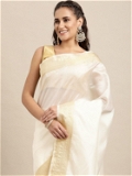 Leeza Store Cotton Blend Solid Plain Golden Zari Border Kerala Kasavu Saree With Blouse Piece - White
