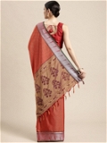 Leeza Store Cotton Silk Blend Golden Zari Ethnic Motifs & Silver Zari Border Saree With Blouse Piece - Red