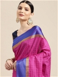 Leeza Store Cotton Silk Blend Woven Striped Self Design Golden Zari Border Saree With Blouse Piece - Rani Pink