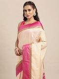 Leeza Store Cotton Silk Blend Woven Striped Self Design Zari Border Saree With Blouse Piece - Beige