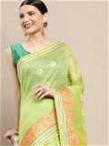 Leeza Store Jacquard Cotton Blend Golden Zari Butta Butti Woven Maheshwari Saree With Blouse Piece - Green
