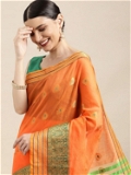 Leeza Store Jacquard Cotton Blend Golden Zari Butta Butti Woven Maheshwari Saree With Blouse Piece - Orange