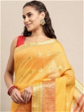 Leeza Store Jacquard Cotton Blend Golden Zari Butta Butti Woven Maheshwari Saree With Blouse Piece - Yellow