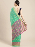 Leeza Store Jacquard Cotton Blend Golden Zari Butta Butti Woven Maheshwari Saree With Blouse Piece - Ocean Green