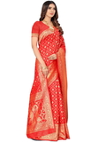Leeza Store Kota Lichi Golden Zari Ethnic Motif Banarasi Contemporary Woven Design Saree With Running Blouse Piece - Red
