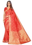 Leeza Store Kota Lichi Golden Zari Ethnic Motif Banarasi Contemporary Woven Design Saree With Running Blouse Piece - Red