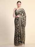 Leeza Store Women's Black Brasso Latest Design Fancy Floral Printed Trendy 2023 Tassels Latkan Zari Border Saree With Running Blouse Peice - LZPKSJIMIN-BLACK - Black