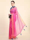 Leeza Store Women's Fuchsia Pink Viscose Georgette Latest Design Fancy Printed Trendy 2023 Tassels Latkan Zari Border Saree With Running Blouse Peice - LZPKSJOHN-Fuchsia - Pink