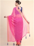 Leeza Store Women's Fuchsia Pink Viscose Georgette Latest Design Fancy Printed Trendy 2023 Tassels Latkan Zari Border Saree With Running Blouse Peice - LZPKSJOHN-Fuchsia - Pink